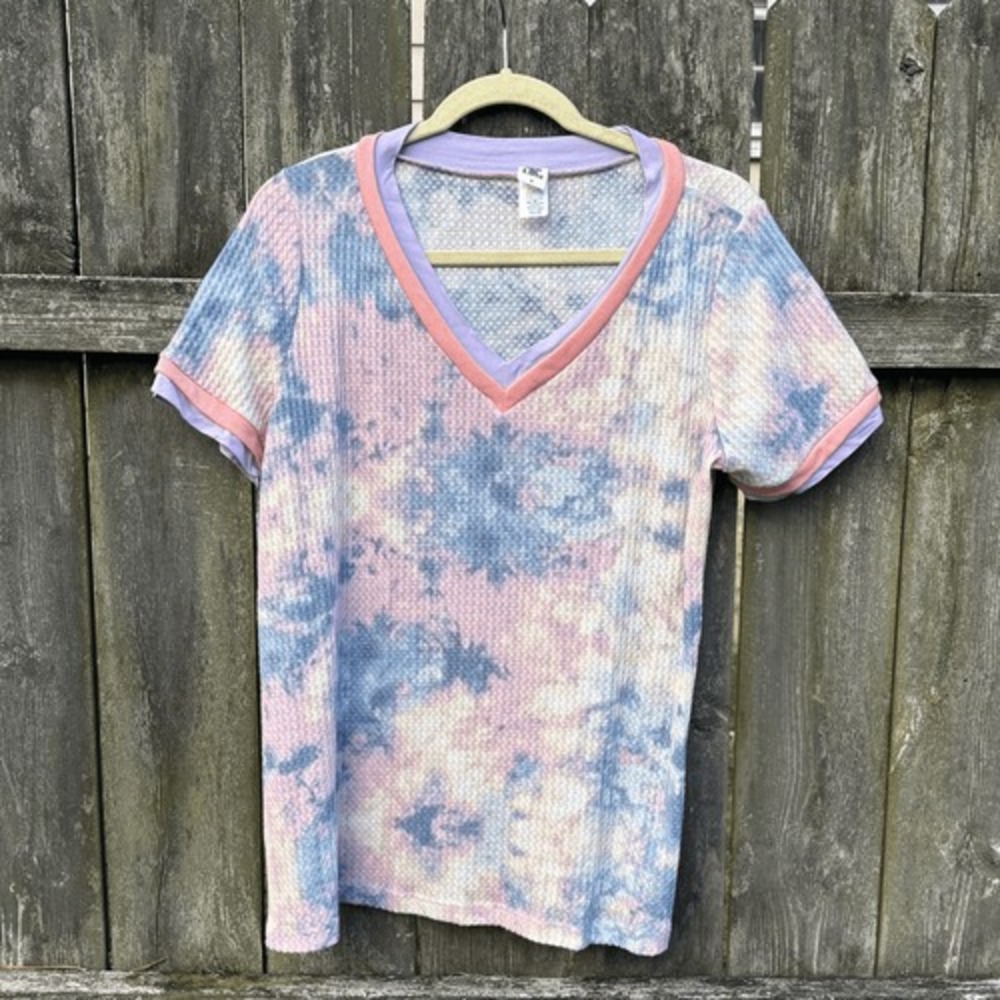 Sew In Love Womens Waffle Knit Tie Dye‎ V-Neck Short Sleeve Top Pink Blue Medium